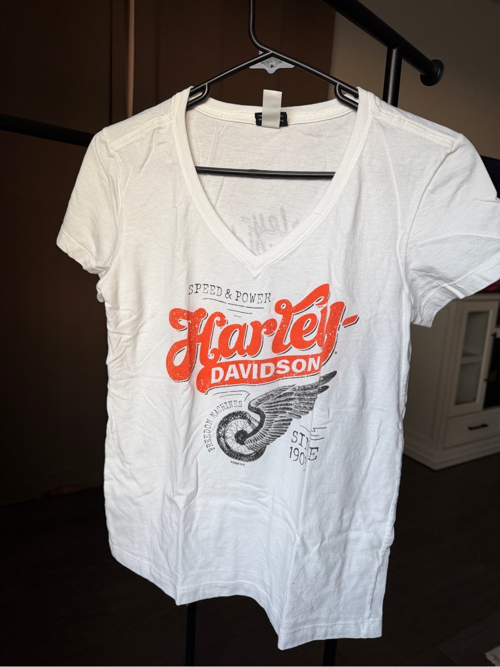 Harley-Davidson women’s' White V-Neck Graphic Tee - Orange Logo